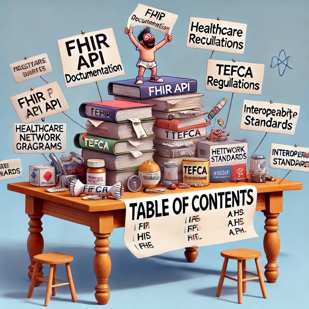 A satirical illustration of a literal table with various objects representing 'Contents' spread on top, themed around digital health and interoperability. Items could include papers labeled 'FHIR API Documentation', 'TEFCA Regulations', 'Healthcare Network Diagrams', and 'Interoperability Standards'. The table itself should have an exaggerated look, as if trying to display an actual 'table of contents' in a humorous way. The background should have a playful, light tone to match the satirical concept.