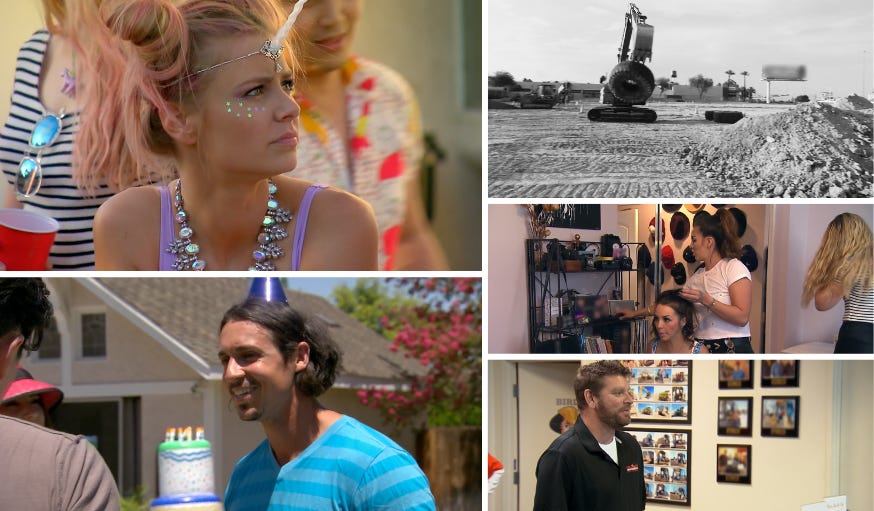 A collection of images from season 4, episode 8. Top left: Ariana with a unicorn horn. Bottom left: Peter in a blue party hat. Top right: a bulldozer dropping a tire. Middle right: Katie backcombing Scheana's hair. Bottom right: A man at behind the counter at the adult construction playground.