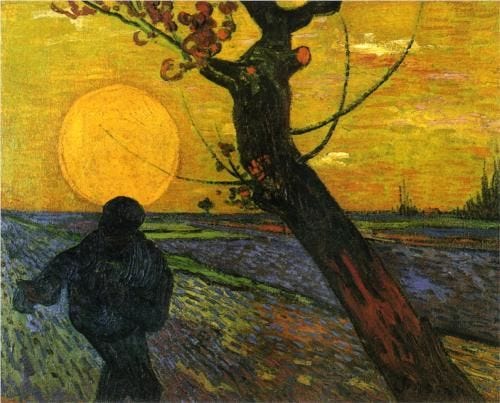 Sower with Setting Sun - Vincent van Gogh. Epic painting that has stood the test of time! #painting #sunset #artwork