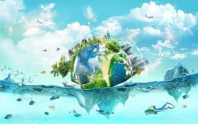 a cartoon image of the earth covered by big sky scrappers and trees, floating on the ocean with icebergs, fish and a diver, the sky is busy with planes and birds.