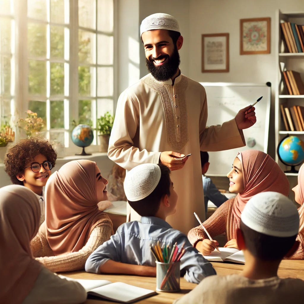 A warm and inspiring scene of a Muslim teacher with a kind smile, teaching a small group of diverse students in a peaceful classroom setting. The teacher, dressed in traditional attire, is standing by a whiteboard with a marker, explaining a concept while students of various backgrounds sit attentively and engaged. The classroom is bright and welcoming, with books and learning materials visible, and sunlight streaming through large windows. The atmosphere is one of joy, mutual respect, and encouragement.