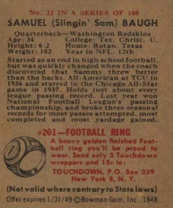 1948 Bowman Football Sammy Baugh