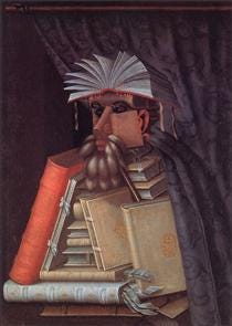 A painting of a man made of books and pages--"The Librarian" by Giuseppe Arcimboldo, 1566