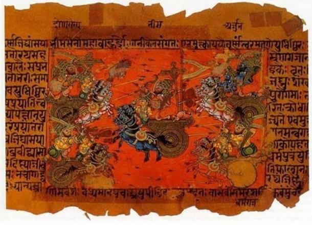 Los textos hindúes antiguos describen grandes batallas que tienen lugar y un arma desconocida que causa una gran destrucción. Una ilustración manuscrita de la batalla de Kurukshetra, registrada en el Mahabharata. Dominio público