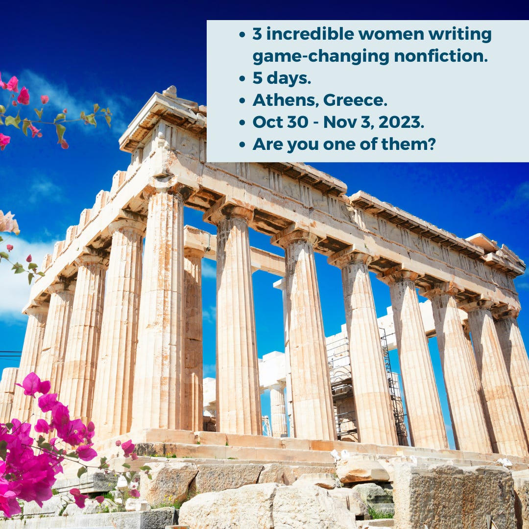 Image of the Parthenon against a bright blue sky with infomation on the retreat: dates October 30 to Nov 3 for 3 women. Asking "Are You One Of Them?"