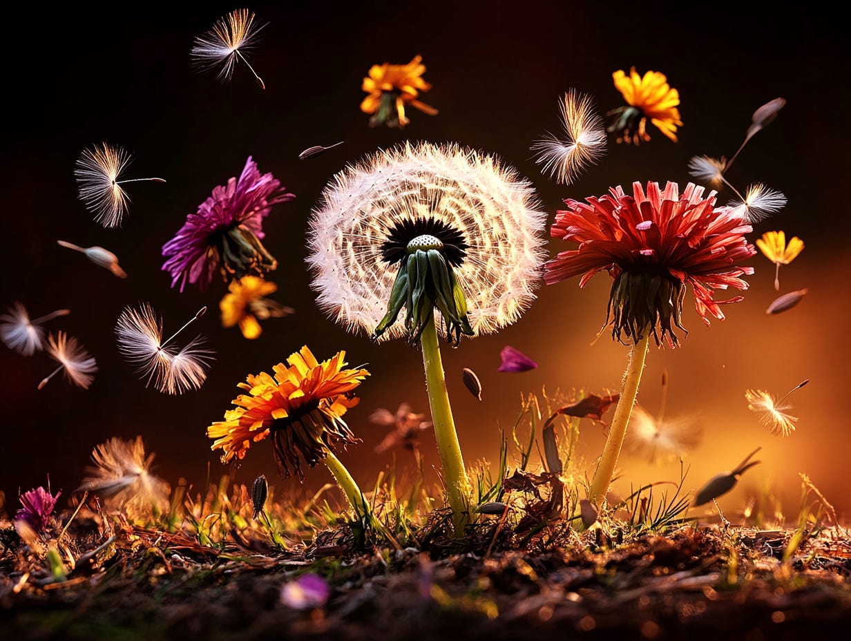 seeds of change, dandelion blowing in the wind