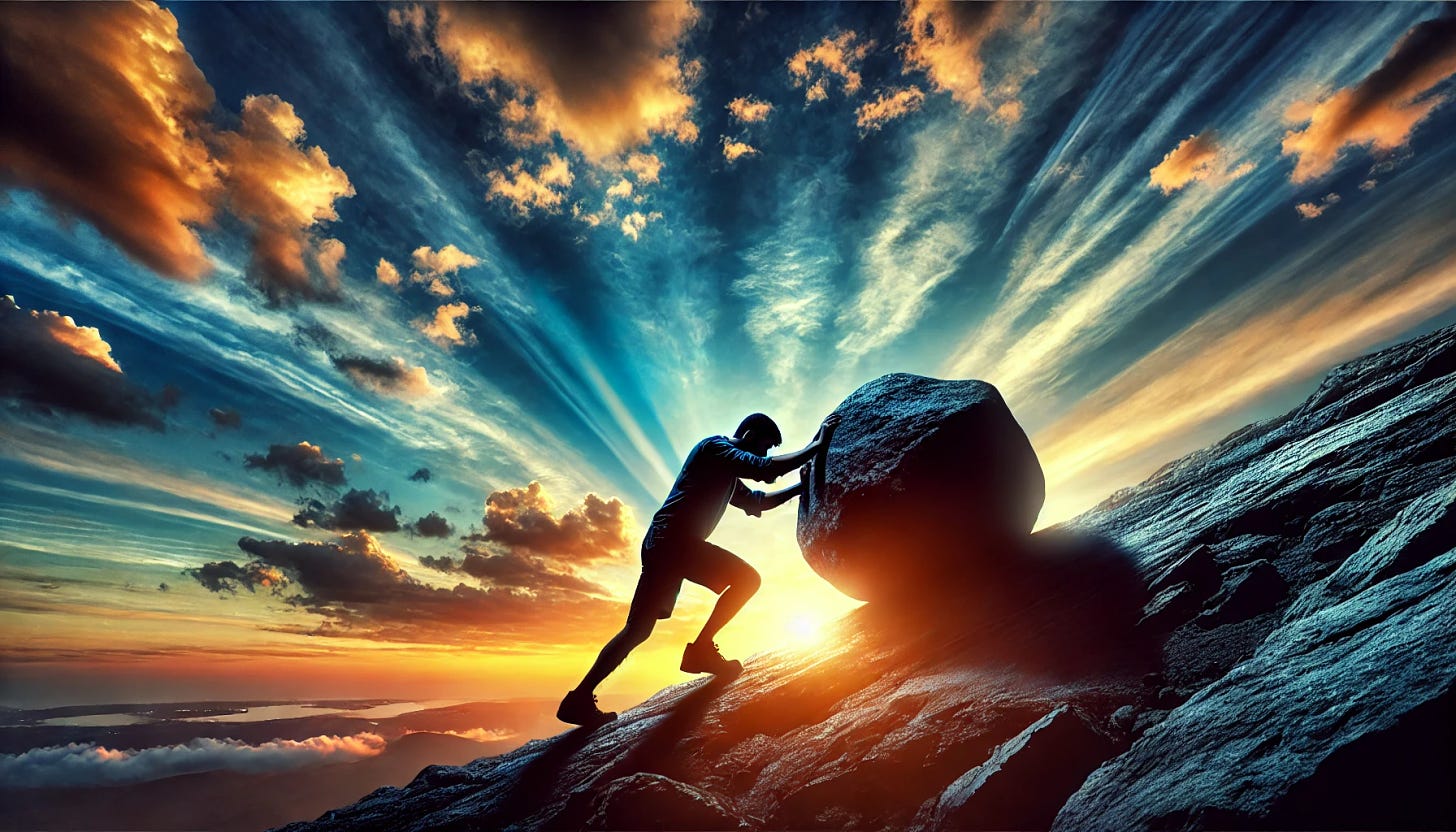 A man pushing a large boulder uphill with a beautiful sunrise or sunset in the background. The sky is filled with vibrant colors of blue, orange, and pink. The man is silhouetted against the light, emphasizing the effort and struggle. The scene should evoke a sense of determination and perseverance.