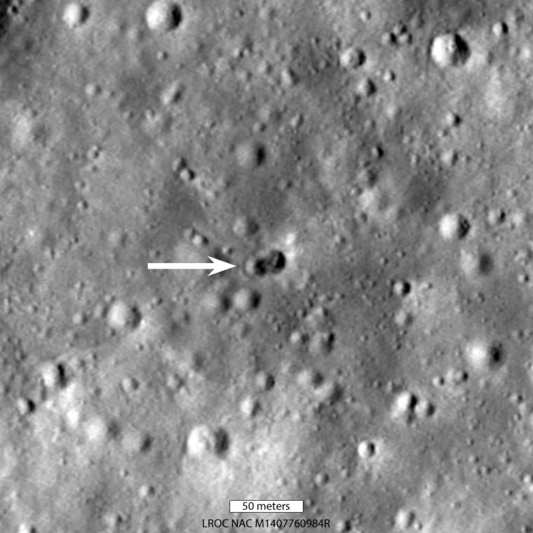 Image taken by NASA's Lunar Reconnaissance Orbiter shows the double crater left by the errant rocket stage