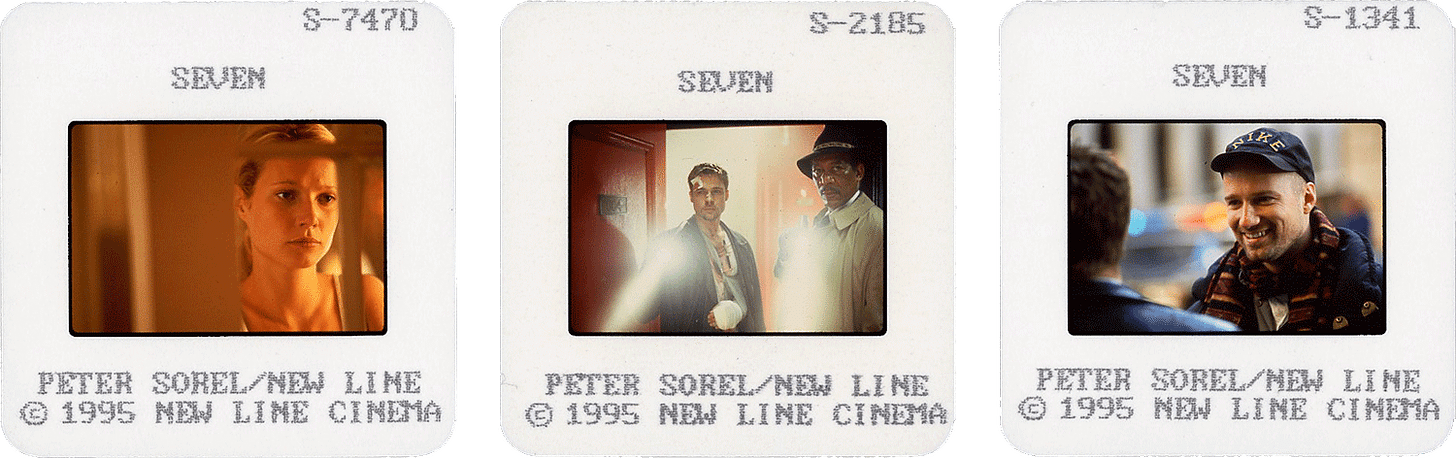 SEVEN slides; photos by Peter Sorel, courtesy of New Line Cinema.