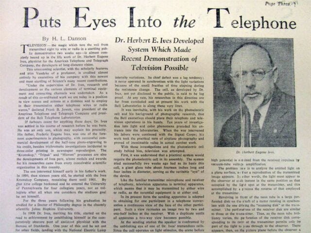 1927 newspaper magazine w role of HERBERT IVES in INVENTION OF ...