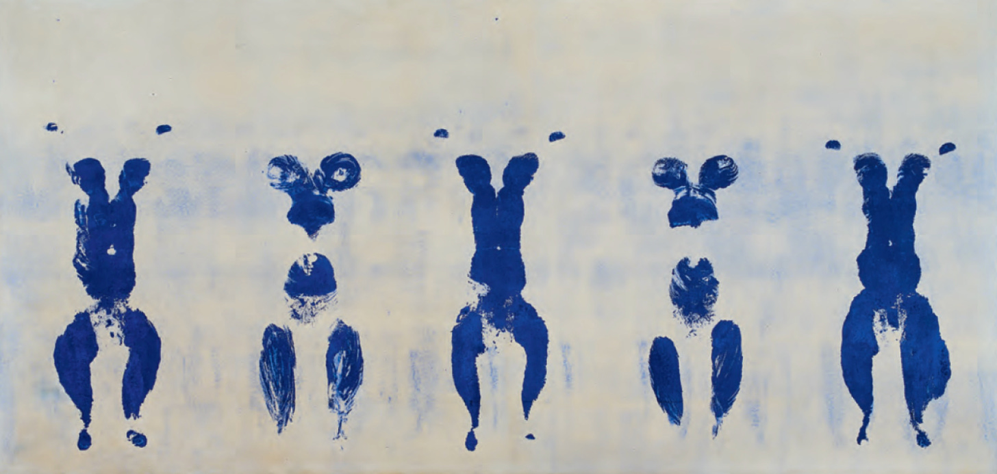 Art shows the print left by five blue-pigment-covered bodies against a large piece of paper.