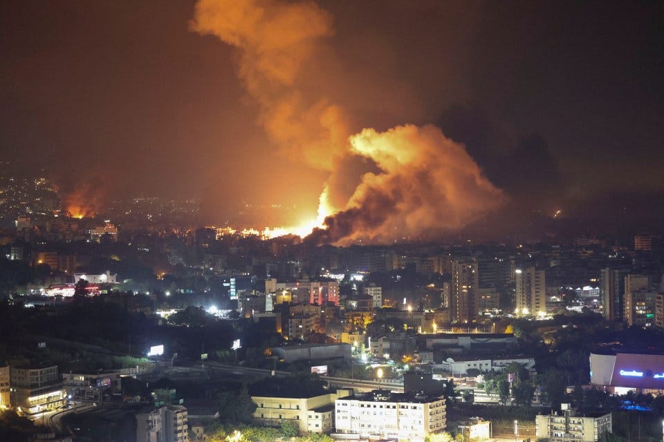 Giant clouds of smoke and flames seen rising from Beirut’s southern suburb of Dahiyeh last night