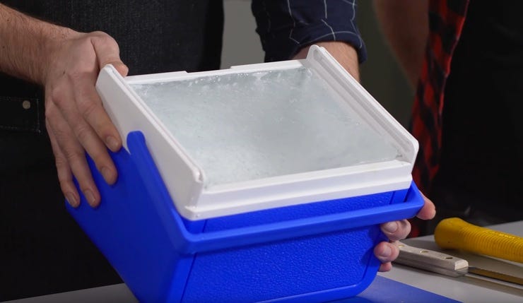 Making clear ice in a 6-pack cooler.