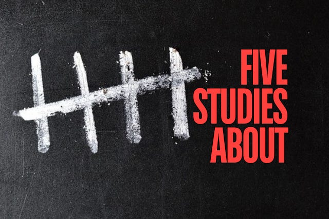 "Five Studies About" appears in the foreground. The background is a blackboard with five thick tally marks written in chalk. "Five Studies About" appears in the foreground. The background is a blackboard with five thick tally marks written in chalk.