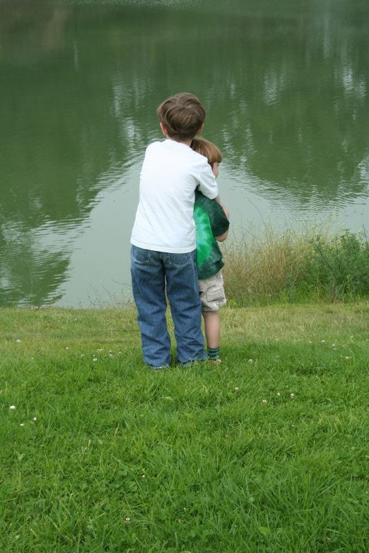 Two boys standing g by a lake hugging with backs to the viewer 