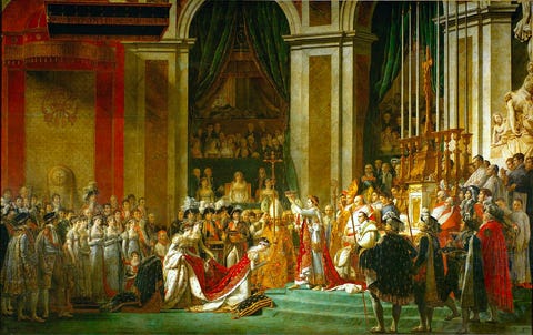 In this massive work, The Coronation of Napoleon, completed in 1807, artist Jacques-Louis David painted Napoleon’s mother, Letizia, even though in reality she was angry with Napoleon and didn’t attend. Source.
