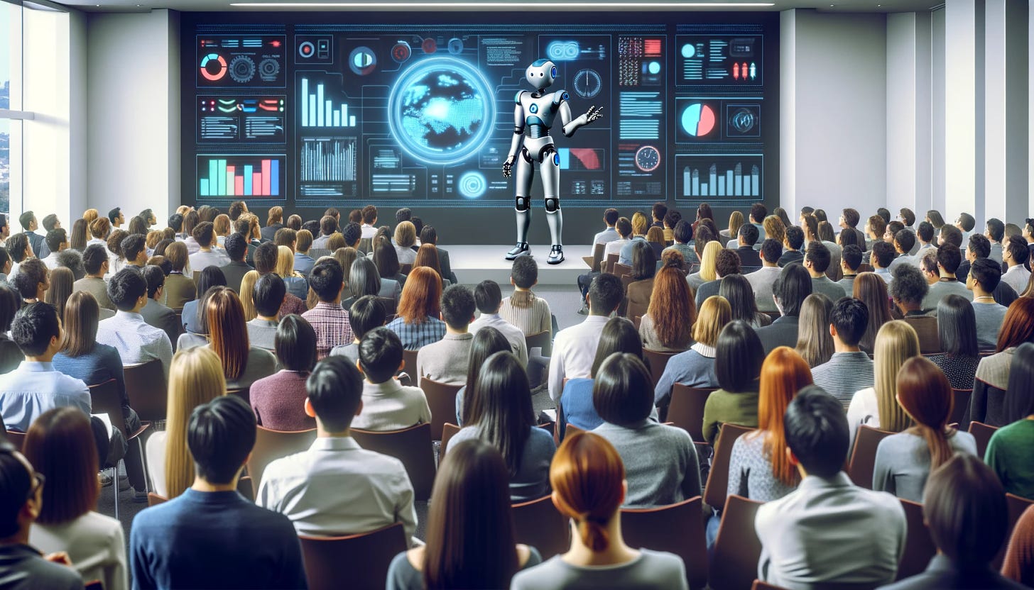 A small conference room filled with about 100 people, diverse in gender and ethnicity, attentively watching a stage. On the stage, a sleek, modern robot with a humanoid appearance is enthusiastically giving a talk, using hand gestures commonly seen in human speakers. The audience is engaged, some taking notes, others nodding in agreement. The room is well-lit, with a large screen behind the robot displaying colorful graphics related to the talk. The setting conveys a sense of innovation and interaction between technology and humanity.