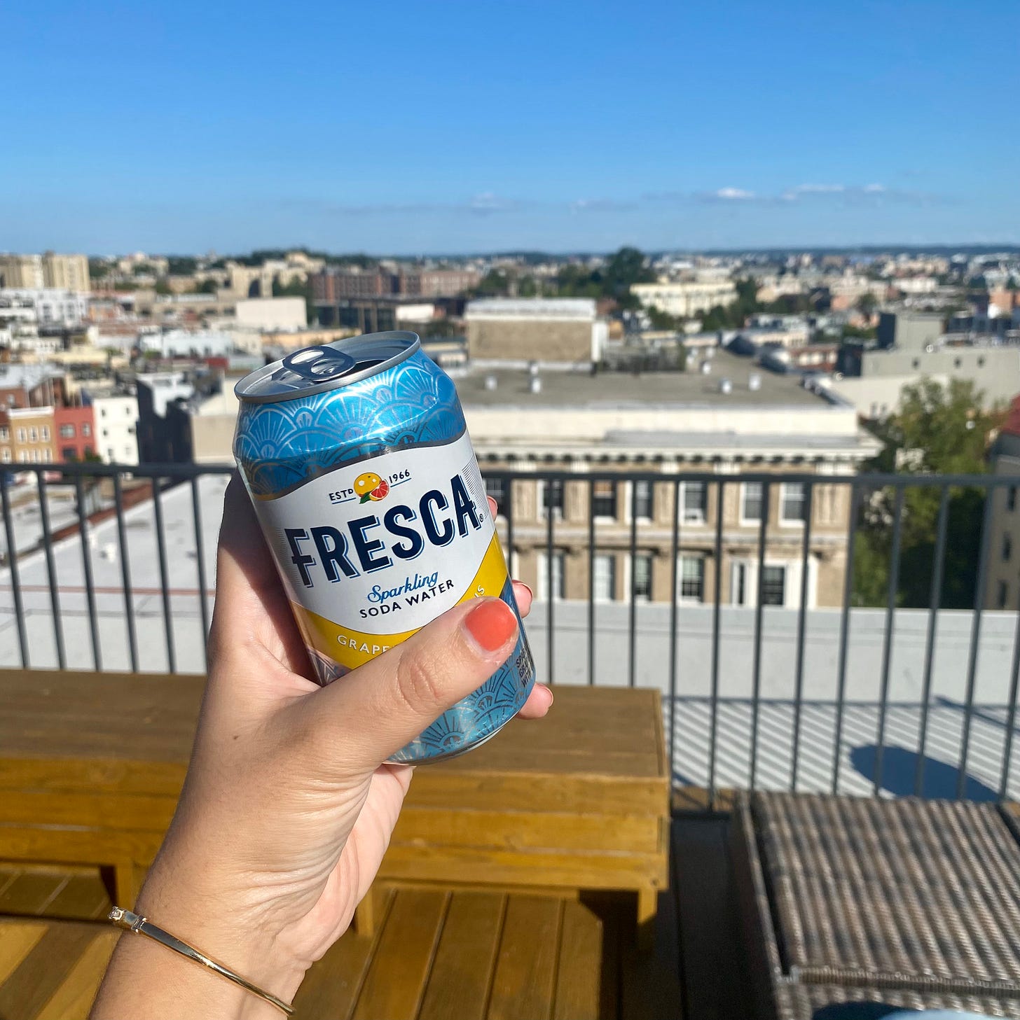 A can of Fresca on a rooftop