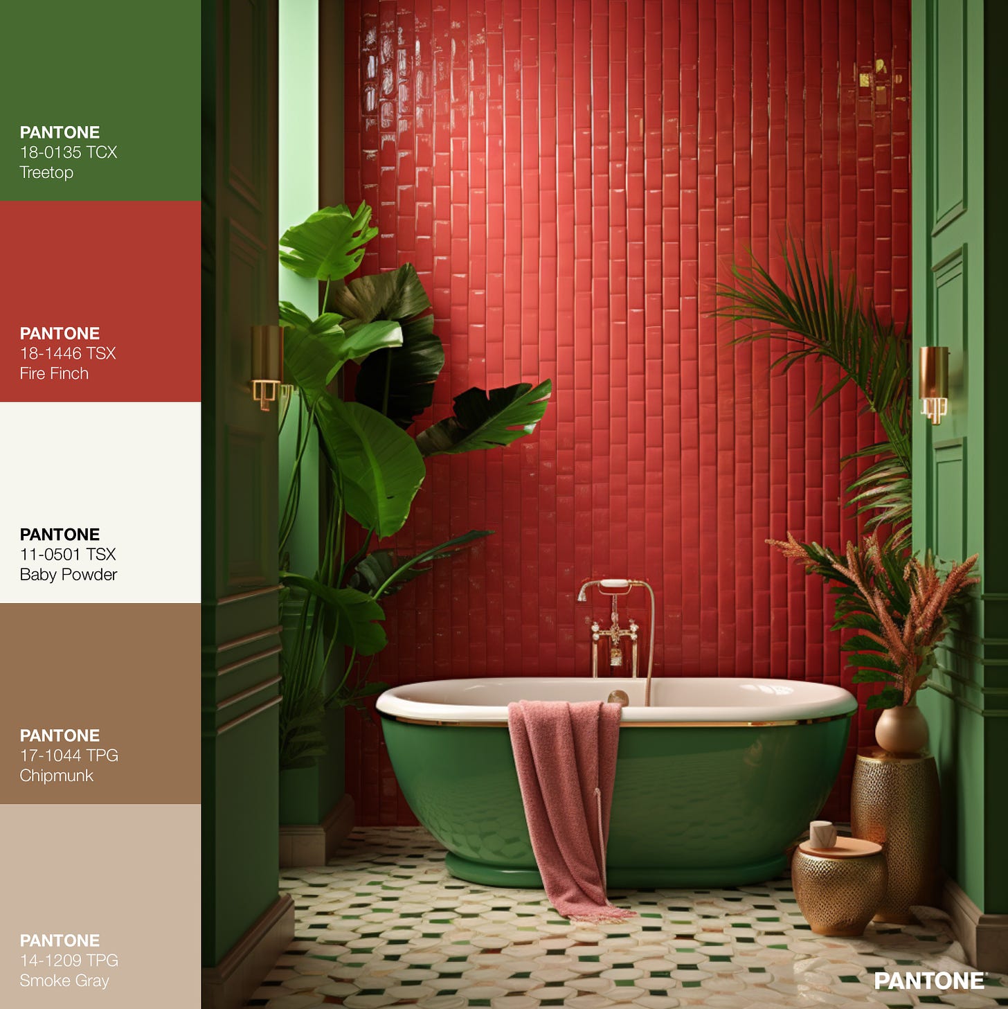 interior of green and dark coral luxe bathroom