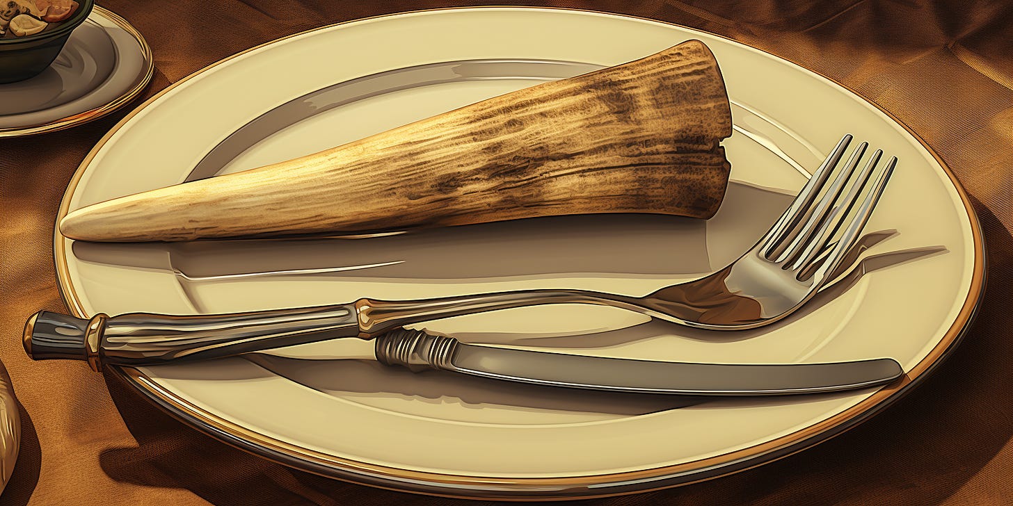 Elephant tusk on a plate, alongside some cutlery. AI generated.