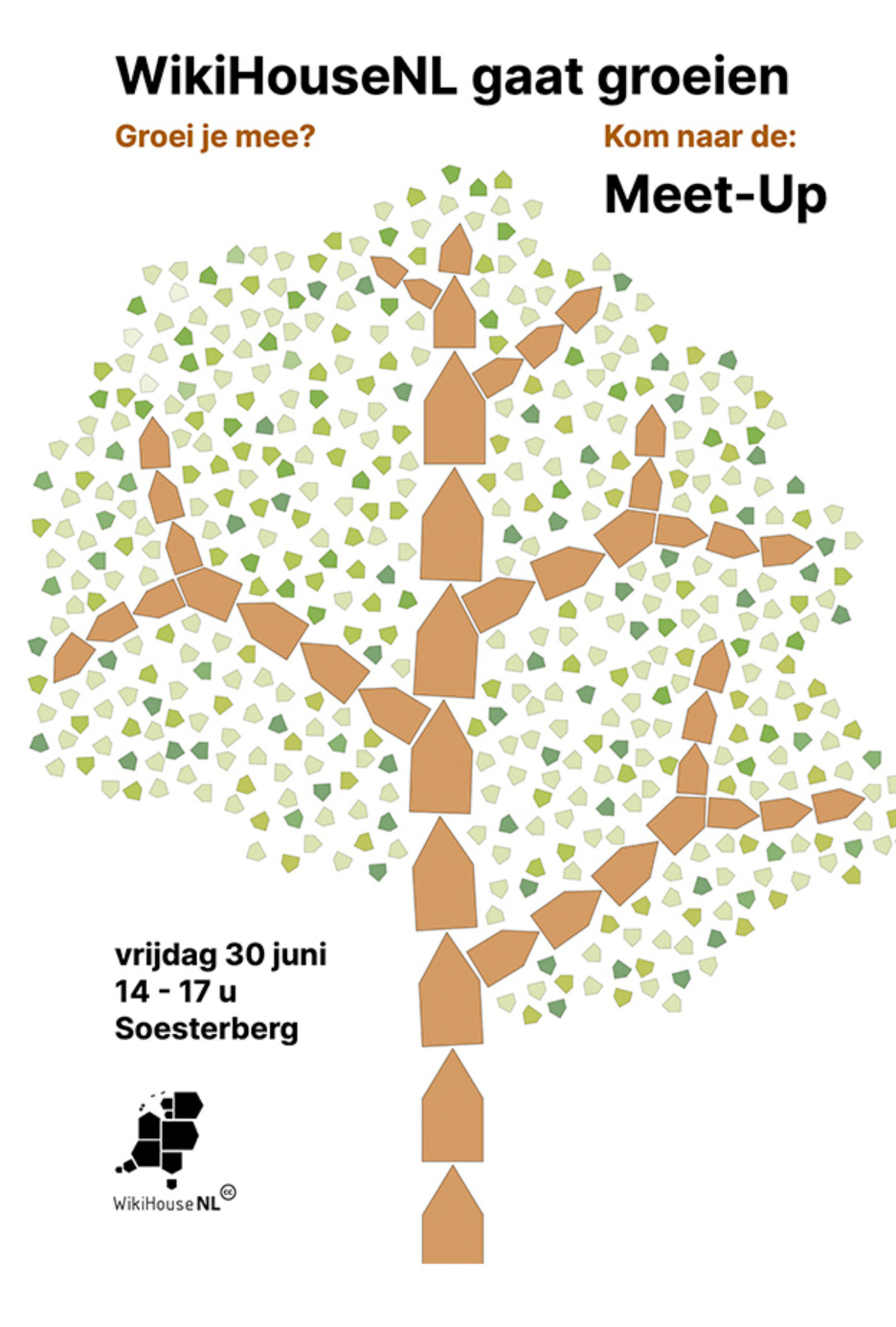Poster in Dutch advertising the WikiHouseNL meeting on 30 June between 14h and 17h