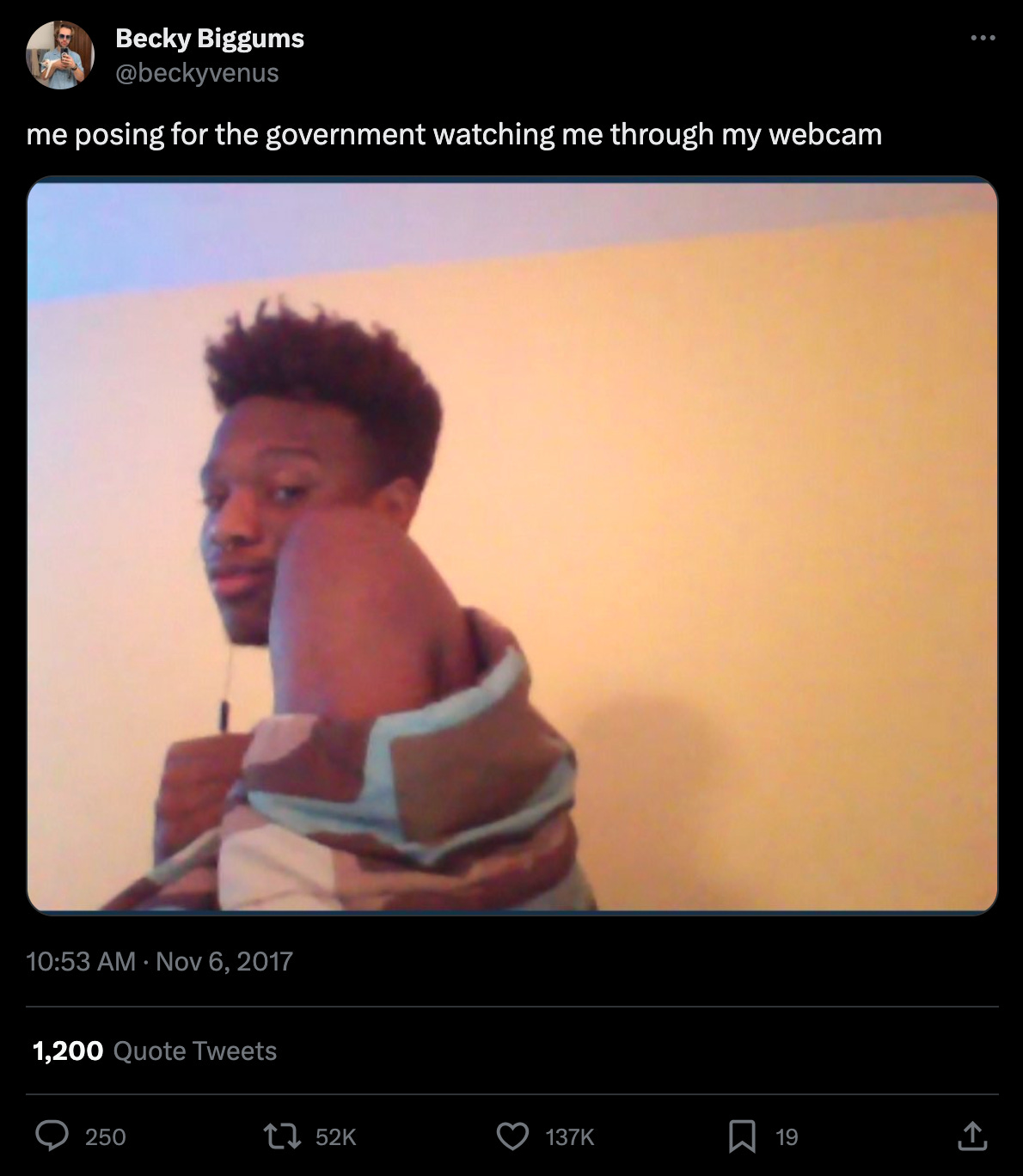 Tweet: "me posing for the government watching me through my webcam" with an image of a man baring his shoulder 