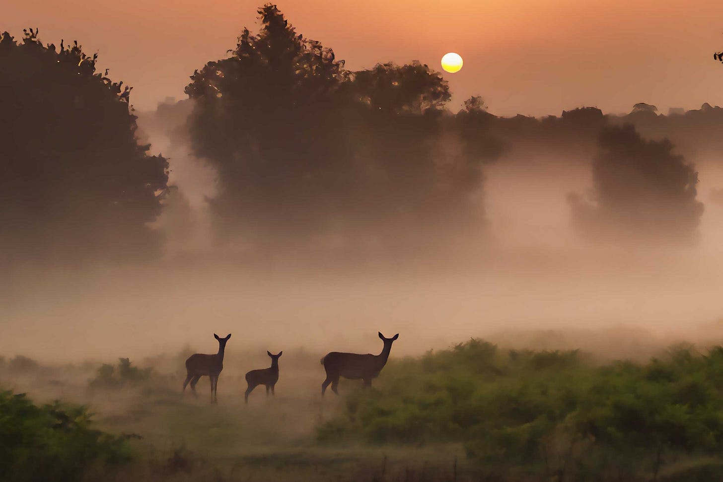 Two red deer does and a fawn standing within a misty fog layer with a rising sun in the background Two red deer does and a fawn standing within a misty fog layer with a rising sun in the background