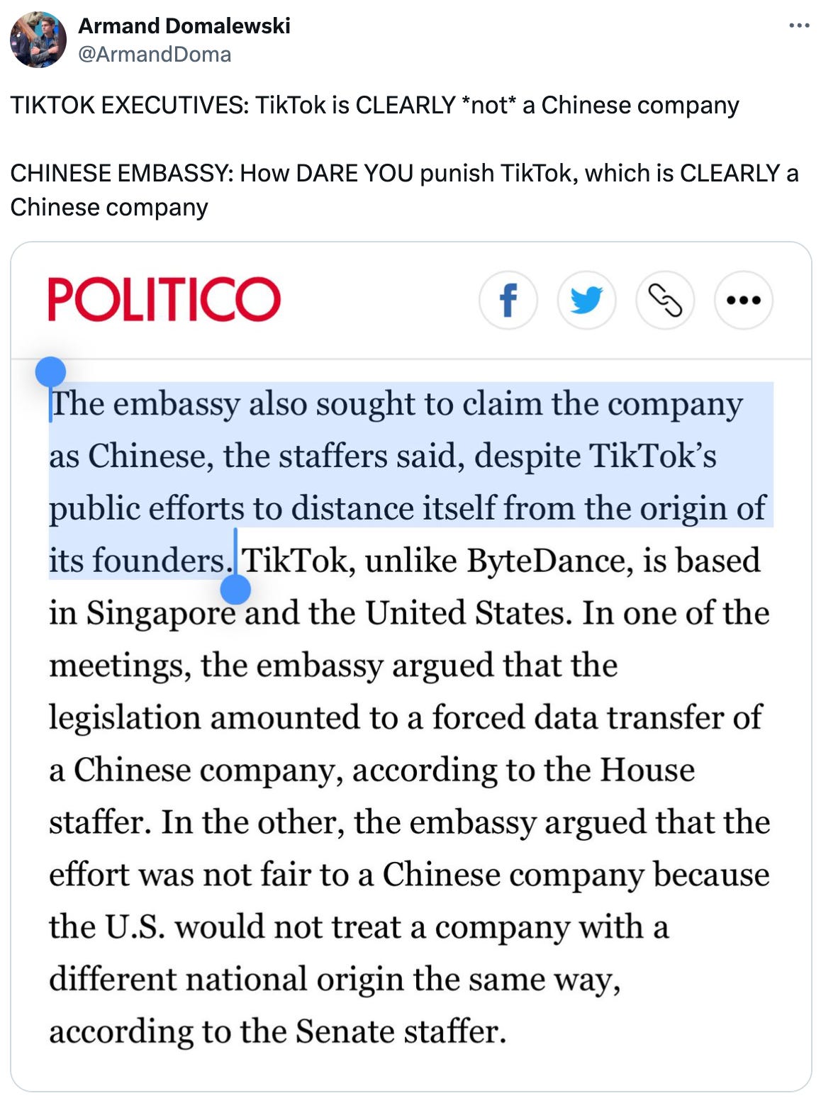  See new posts Conversation Armand Domalewski @ArmandDoma TIKTOK EXECUTIVES: TikTok is CLEARLY *not* a Chinese company  CHINESE EMBASSY: How DARE YOU punish TikTok, which is CLEARLY a Chinese company