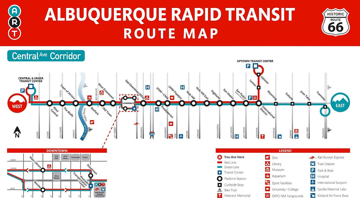 A transit map showing the route and stops for the two BRT lines that are part of albuquerque rapid transit