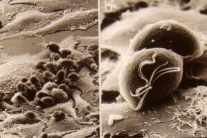 (Left) Scanning electron microscopy image of numerous Trichonomous vaginalis organisms attached to epithelial cells grown in the laboratory. (Right) An enlargement of the microscopy photo showing two organisms grown in the laboratory.