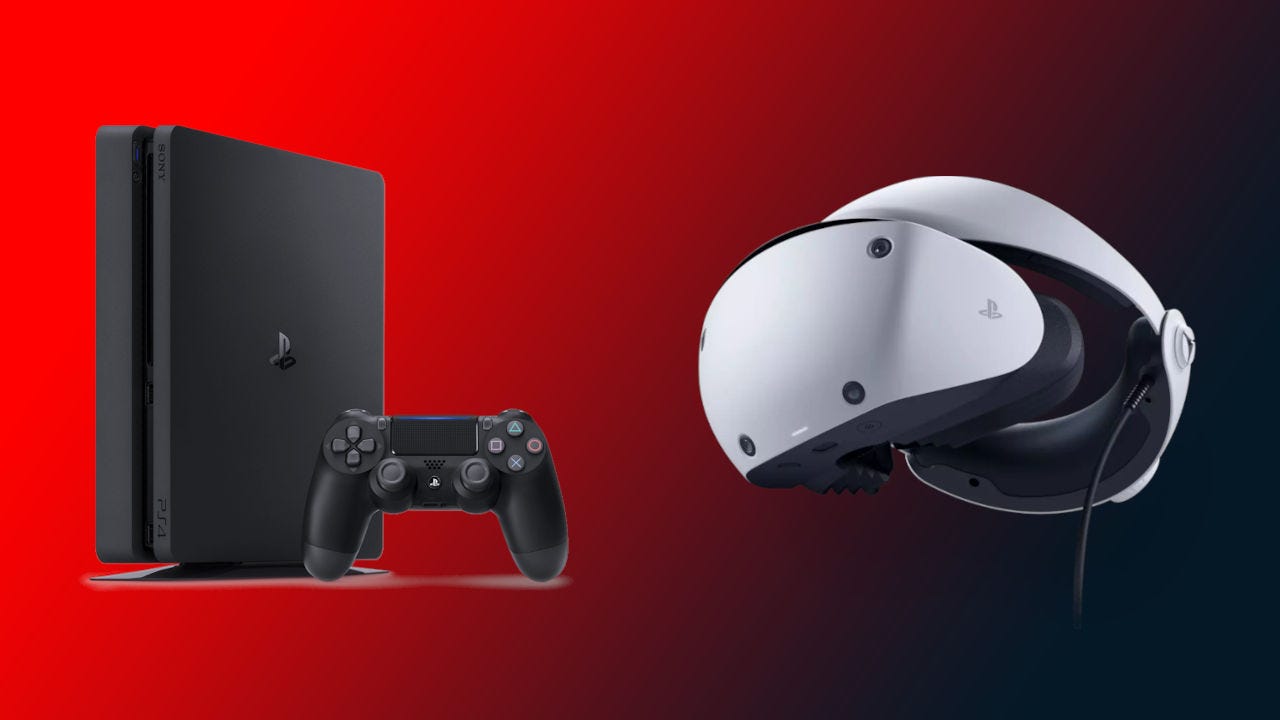 A PS4 console next to a PSVR 2 headset