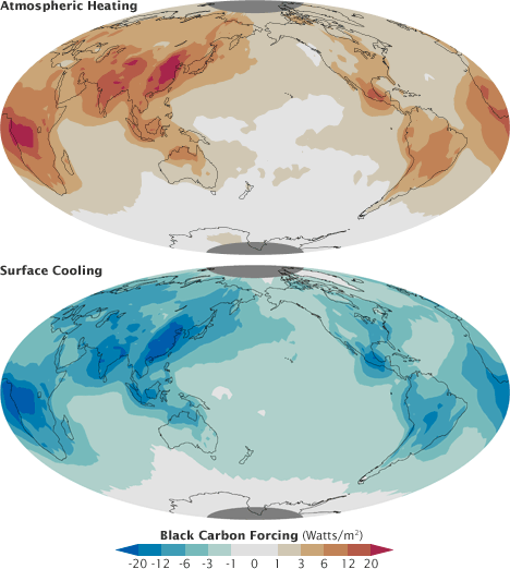 Maps of atmospheric heating and surface cooling caused by man-made black carbon aerosols.