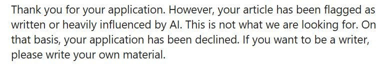 An email explaining that the author’s application has been rejected because the article was written or influenced by AI.