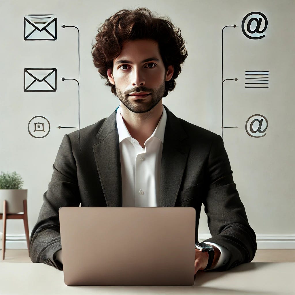 A sophisticated and clean image of a Puerto Rican man with curly hair, sitting at a desk working on a laptop. The setting is minimalist, with a light, neutral color scheme. Subtle icons or elements representing email marketing (such as an email icon on the laptop screen) are integrated into the scene. The man has a professional appearance, dressed in business-casual attire. The overall tone is calm and focused, reflecting professionalism in a modern, understated way.
