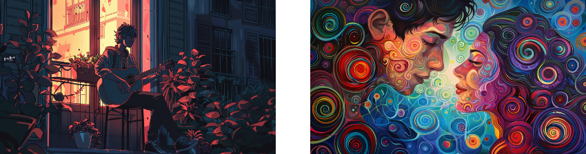 Left: A person plays guitar on a balcony surrounded by plants at dusk. Right: A colorful abstract painting of a couple's faces surrounded by swirling patterns.