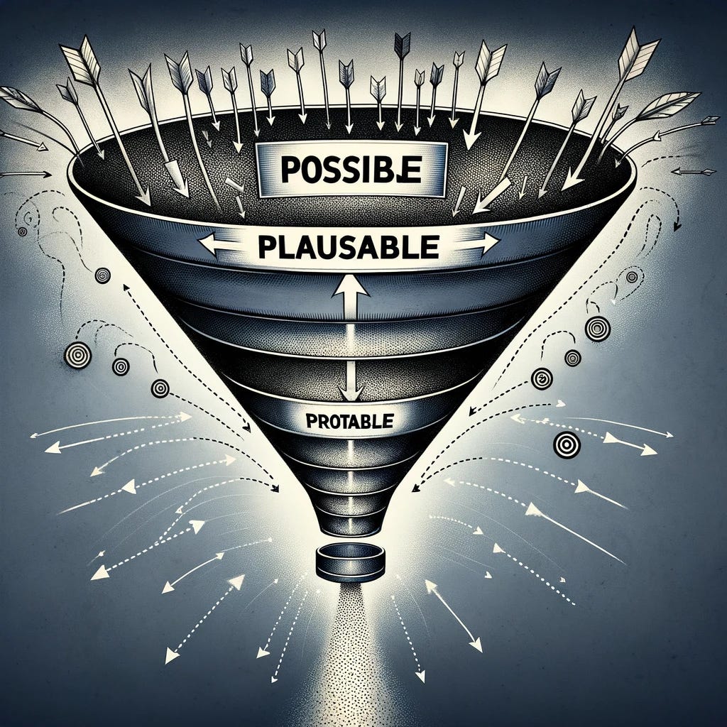 A conceptual illustration of a funnel divided into three sections, each labeled with one stage of the decision-making process: the top section labeled 'Possible' filled with numerous arrows pointing downwards, representing a wide range of ideas and options; the middle section labeled 'Plausible' with fewer arrows, indicating a narrowed focus and evaluation of ideas; the bottom section labeled 'Probable' with only a few arrows pointing to a bullseye, symbolizing the final, focused decision-making stage. The funnel should visually represent the narrowing down of options as one moves through each stage of the process.