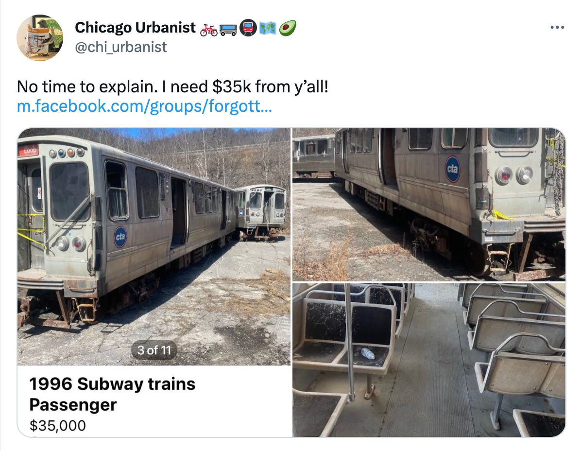 Tweet from Chicago Urbanist (@chi_urbanist) asking for 35k and linking to a Facebook group that's selling an old CTA red line car.