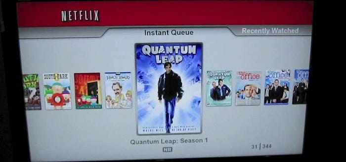 A screenshot of Netflix on PS3, circa 2010. There is one row of titles that are a wide variety of different shows, genres, titles, and more.