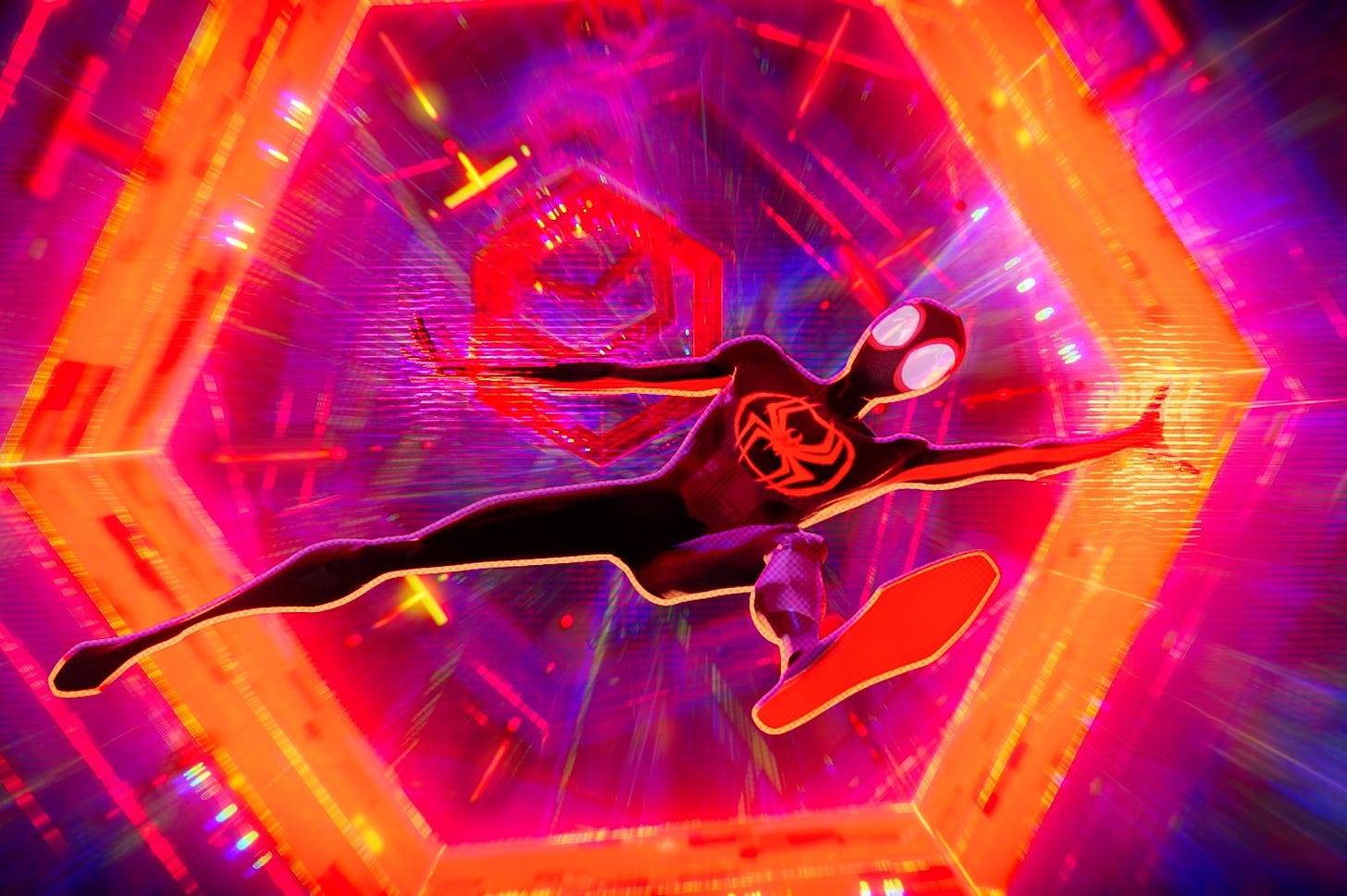 Miles Morales Spider-Man falling through hexagonal light portals to travel across the Spider-Verse