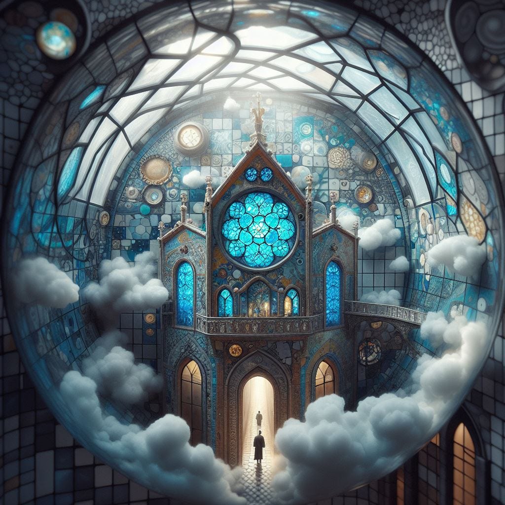 Hyper realistic;tilt shift; giant glass triangle with Quatrefoil on wall inside it : glass triangle with blue Gothic Tracery inside: light blue glowing decorative tiles. glass triangle contains the Hundertwasserhaus, Vienna, Austria: sphere encloses  wall. Interior stormy light.storm clouds.Tilt shift.ethereal . tiny people. clouds