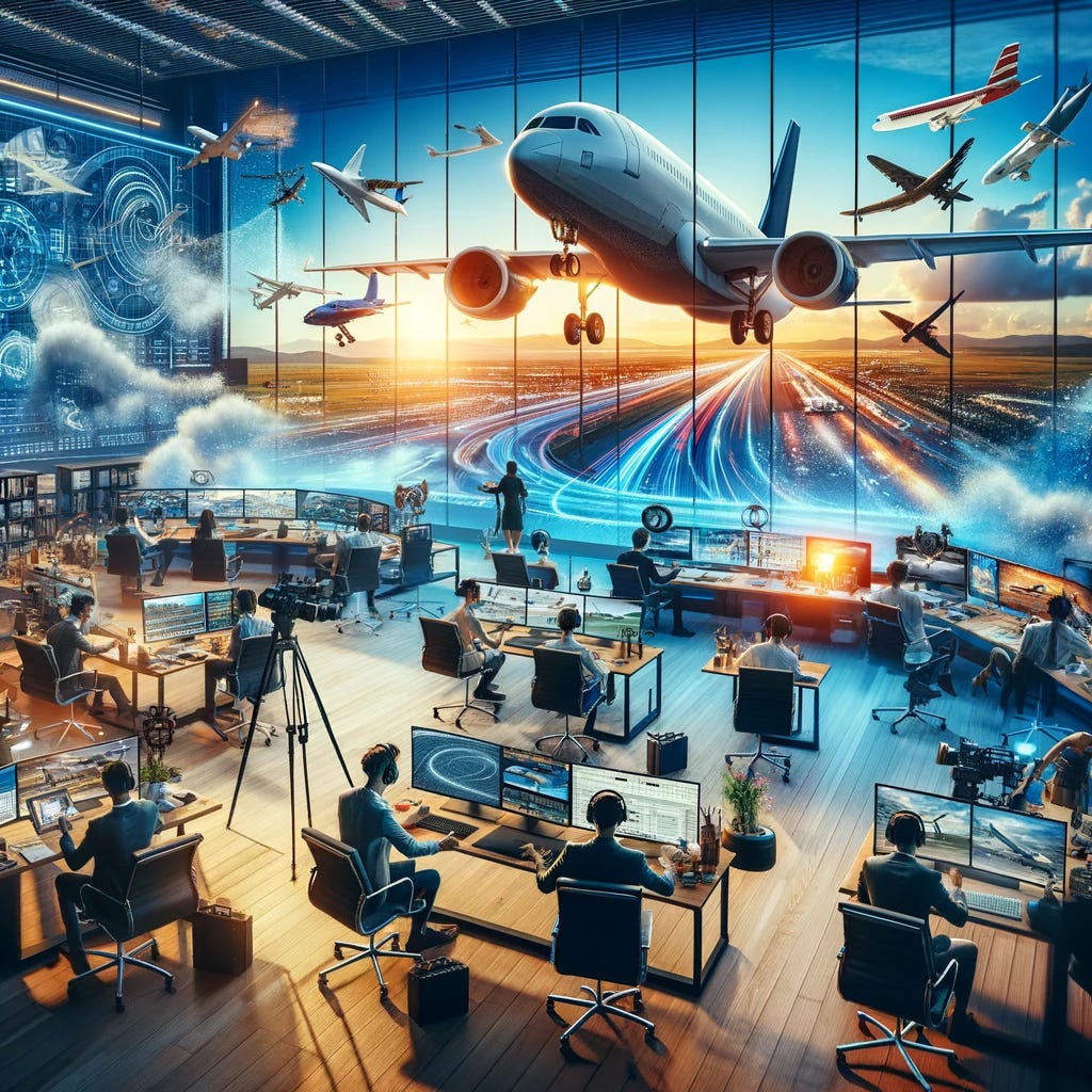 Imagine a vibrant and dynamic office scene embodying the essence of an aviation media business. The office is filled with aviation-themed decor, including model airplanes, aviation charts, and photographs of iconic aircraft. In the foreground, a team of professionals is engaged in multimedia projects: video editing on large screens, using podcast recording equipment, and engaging in virtual reality simulations of flight experiences. The background showcases a large window with a panoramic view of a bustling airport, where various types of aircraft are taking off and landing. This scene communicates innovation, expertise, and a passion for aviation, symbolizing the global reach and connectivity of the aviation industry.