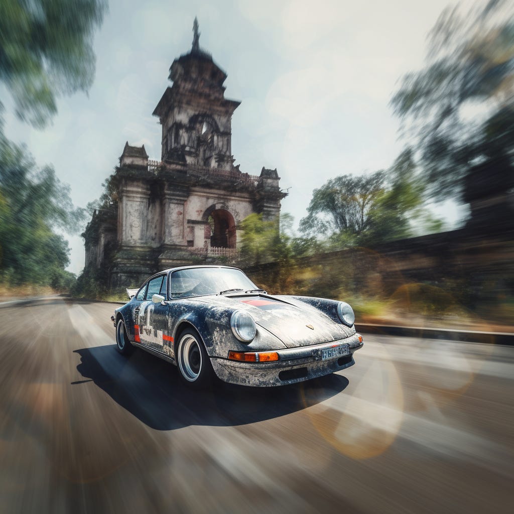 A Porsche speeding past a temple in Cambodia