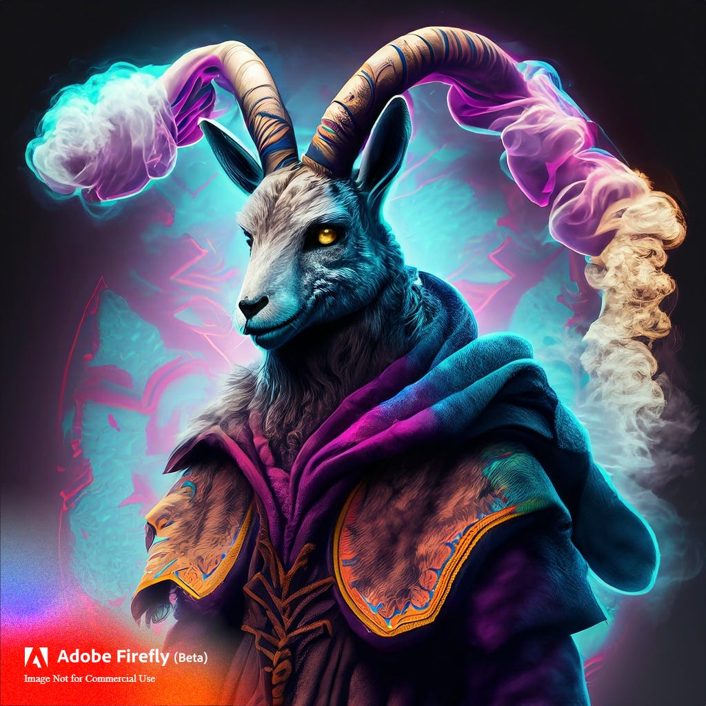 goat in steampunk robe with smoke coming out of horns