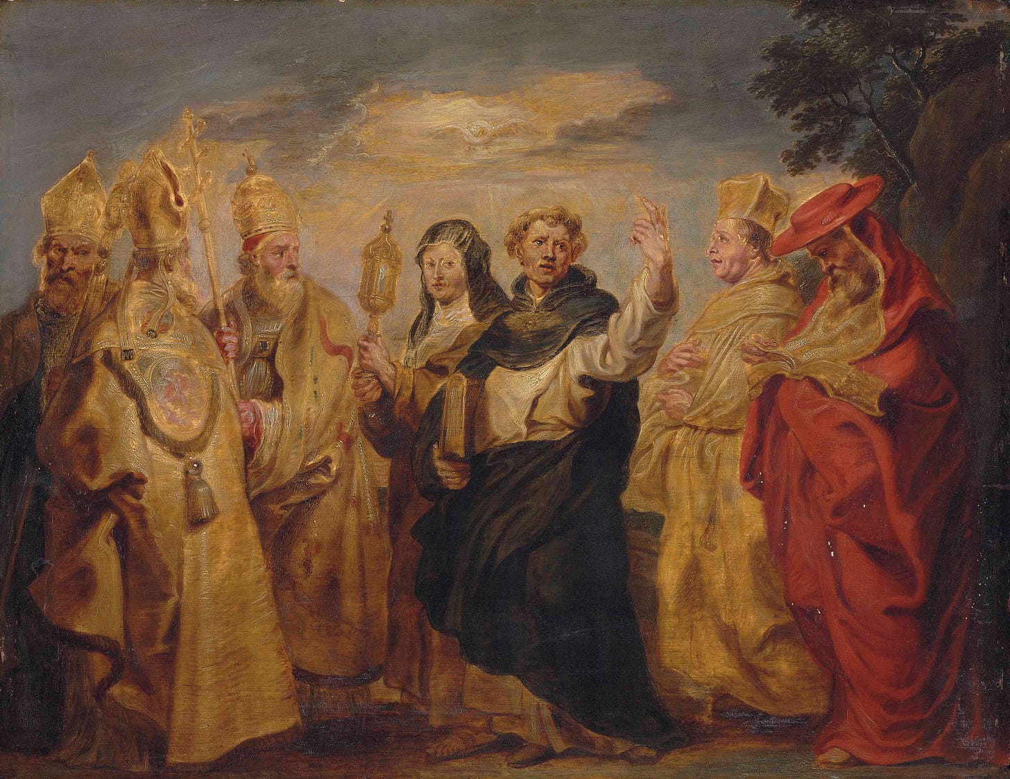 Studio of Sir Peter Paul Rubens (Siegen 1577-1640 Antwerp) , Eucharistic  Teachers and Saints: Gregory, Ambrose, Augustine, Clara, Thomas Aquinas,  Norbert and Jerome, with the dove of the Holy Spirit | Christie's