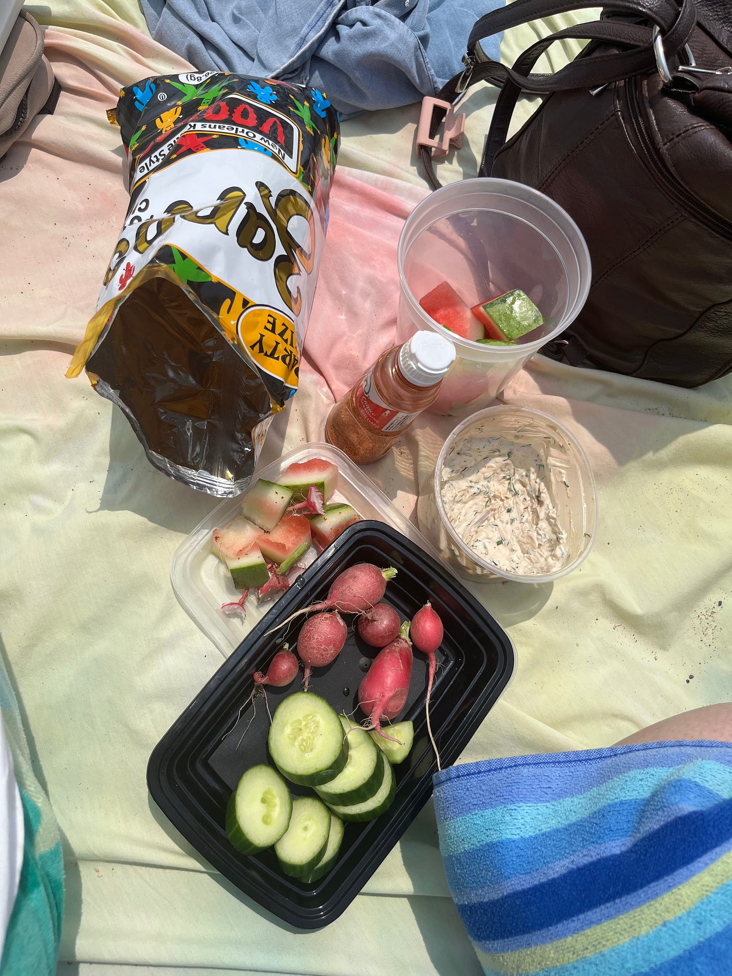 photo of a rainbow sheet with chips, watermelon and tajin, dip, radishes, and cucumbers