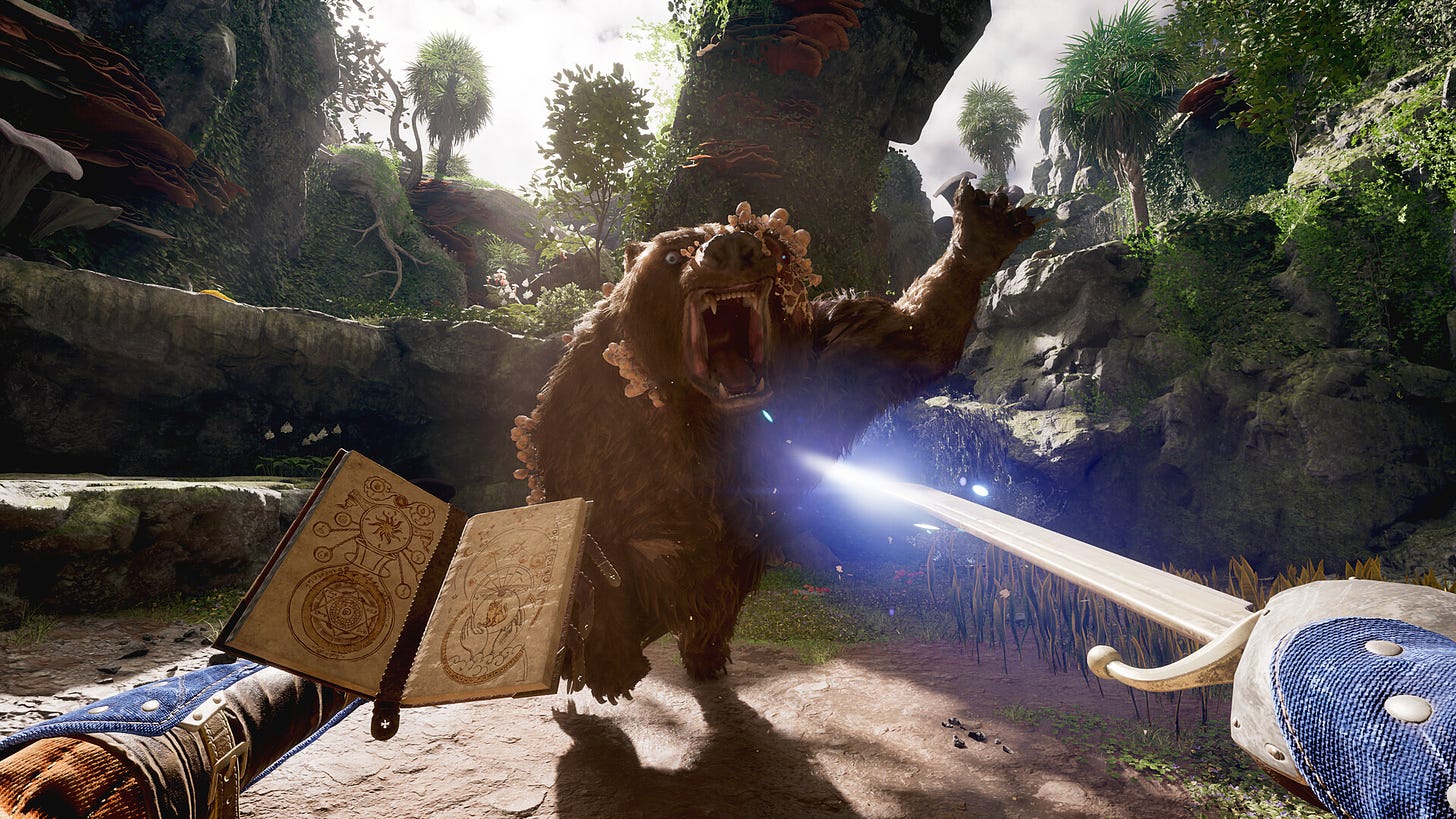 A screenshot from Avowed of the player’s character wielding a sword and a spellbook against an oncoming bear-like creature.