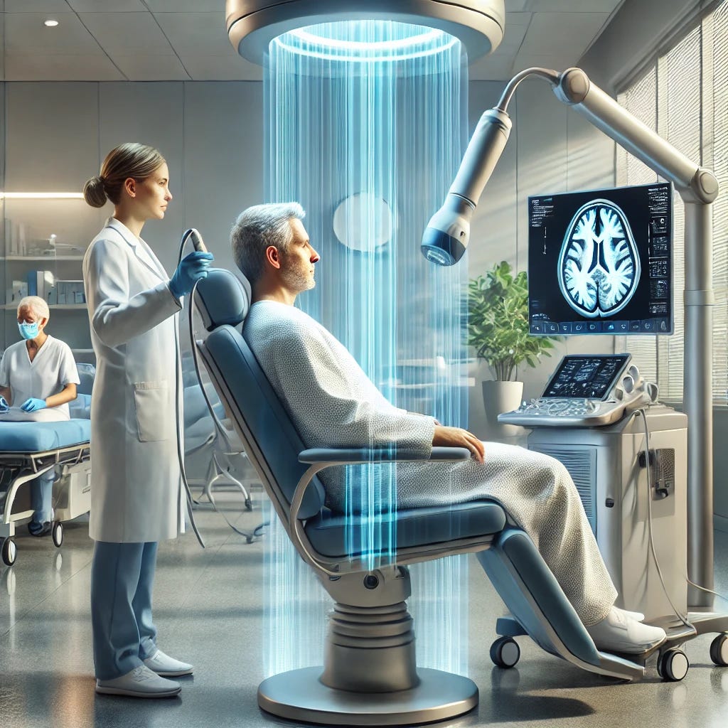 A modern medical scene showing a focused ultrasound treatment for Alzheimer's. The patient is sitting in a comfortable chair with a portable ultrasound device aimed at their head, highlighting the noninvasive procedure. The scene is set in a clean, high-tech clinic with advanced medical equipment surrounding the patient, emphasizing innovation in healthcare. The technician operating the machine is focused, and the brain area being targeted is subtly glowing to indicate the treatment region. The atmosphere is calming and clinical, with soft lighting and a sense of hope for future treatment possibilities.