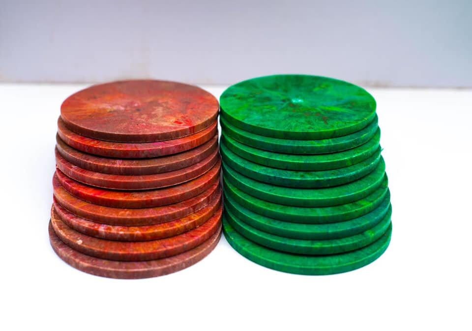 Coasters made from 100% hard to recycle plastic waste from items like plastic soda and water bottles.