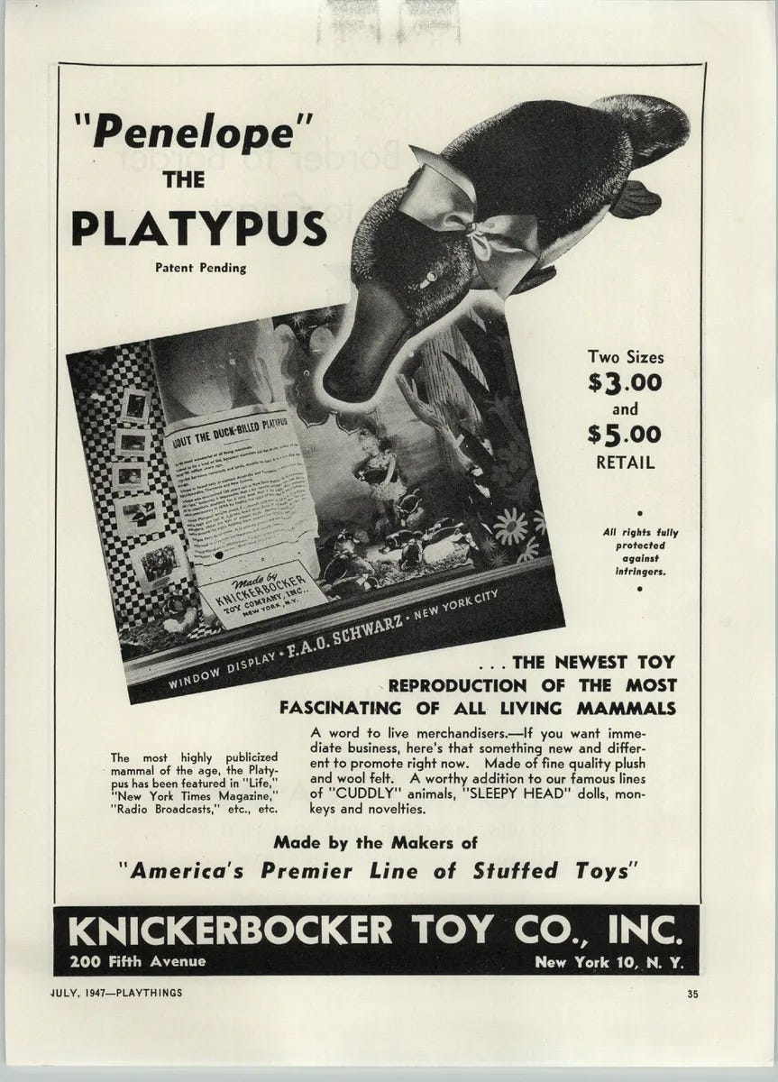 1947 PAPER AD Penelope The Toy Platypus Plush Stuffed Animal Knickerbocker  | eBay