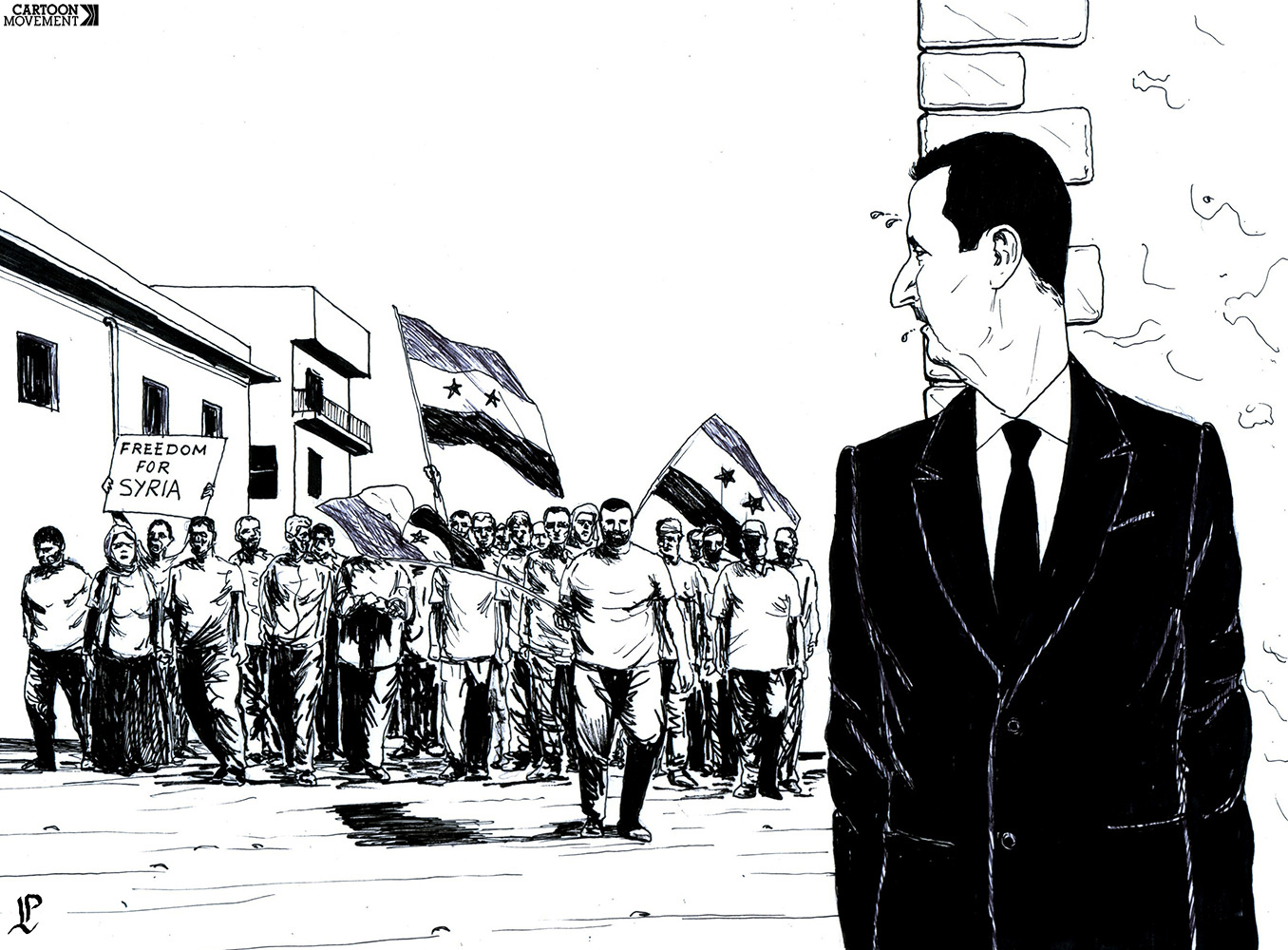 Cartoon showing Syrian president Assad scared, sweating and hiding around a corner while protesters march in the street.